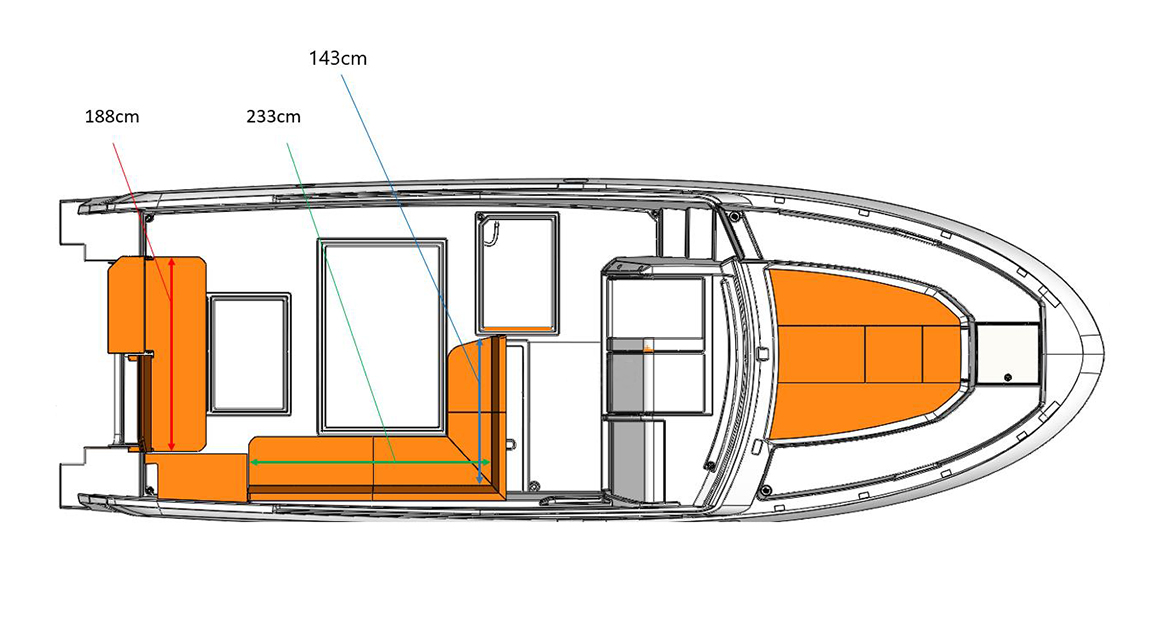 Floor plan of the VIDA 33 with dimensions for the seating furniture.