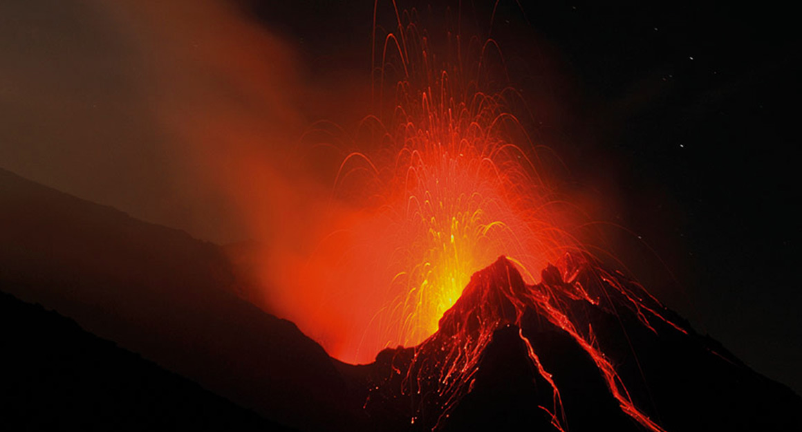 The active volcano Stromboli spews out magma at night.