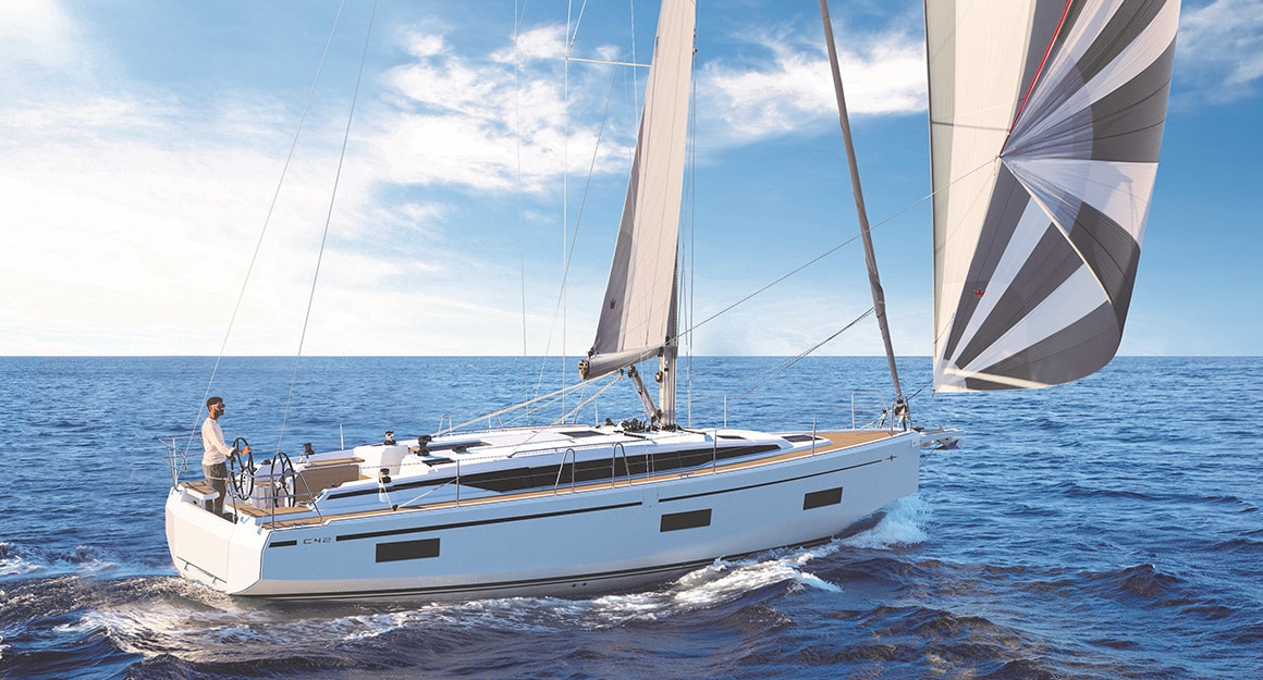 Sailing yacht C42 from the side on clear water