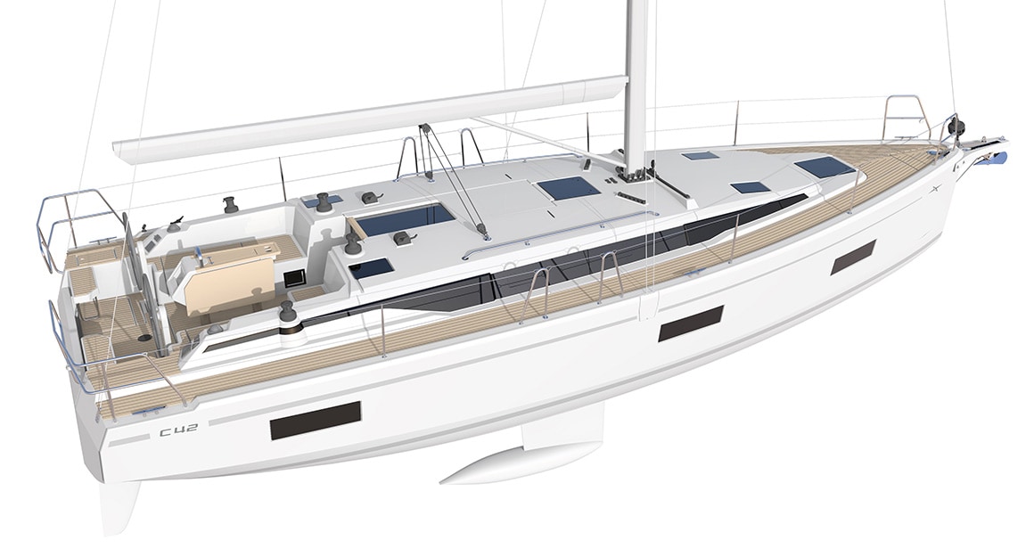 Illustration of Design I of the BAVARIA sailing yacht C42 with chines on the sides.