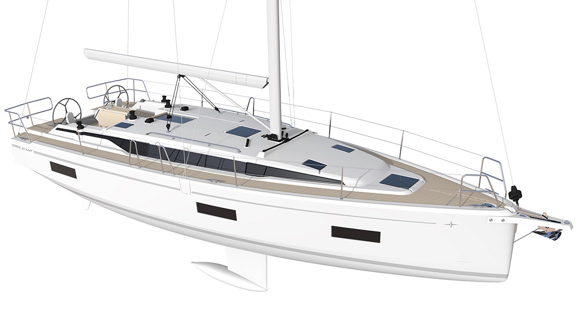 Illustration of the V-shaped bow of the BAVARIA C42.