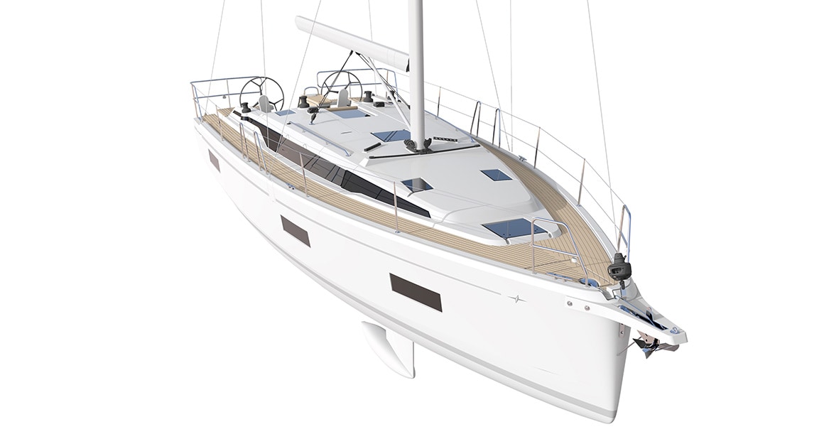 Illustration of the V-shaped bow of the BAVARIA C42.