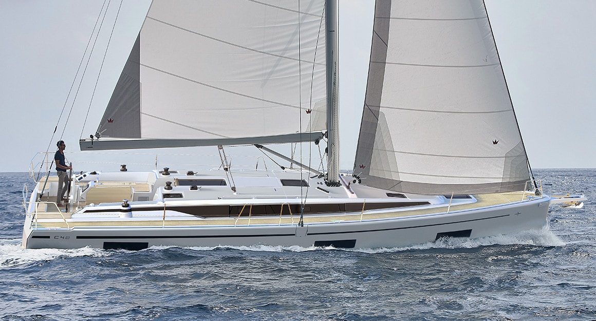 Sailing yacht C42 from the side on clear water