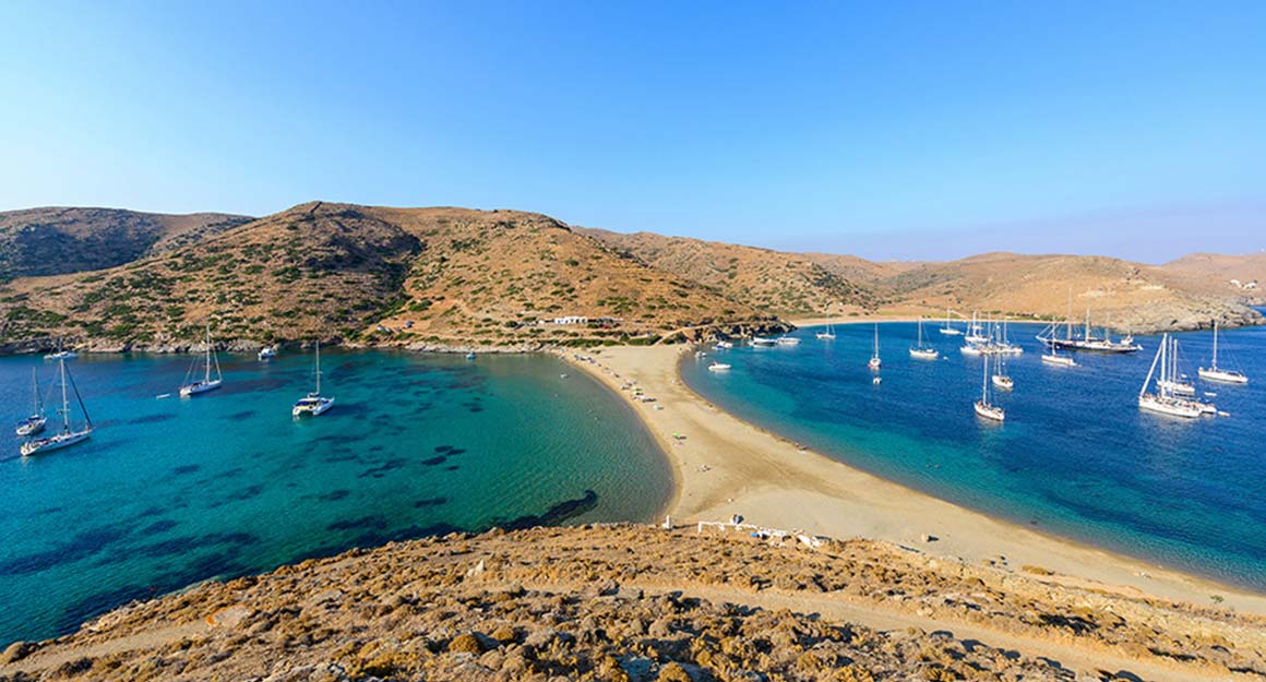 Panorama of a sandbank with two turquoise-blue bays.