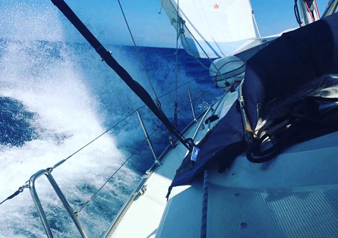 Close-up of the BAVARIA 46 Vision in action on the water.