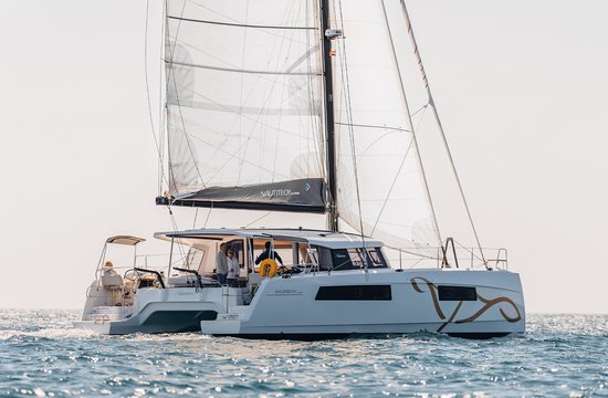 BAVARIA Catamaran on the calm ocean.